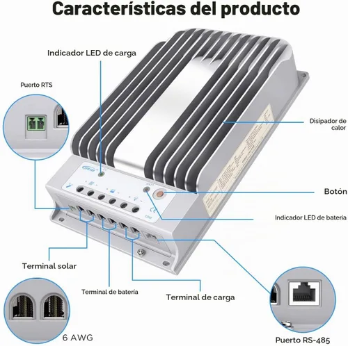 Vista 3 de EPEVER MPPT Controlador de carga solar - Controlador de carga de panel solar automático de 20 A 12 V/24 V con Max.PV 150V, medidor remoto, sensor