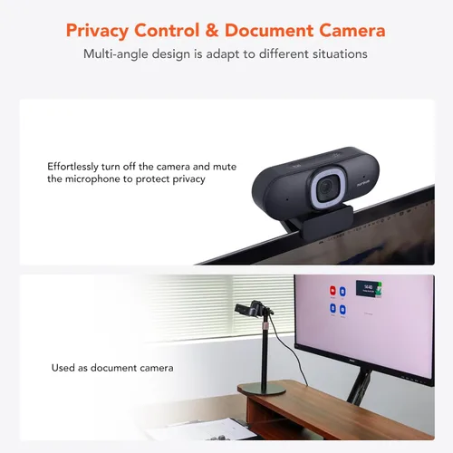 Vista 9 de NUROUM Cámara web de transmisión V15-AFL con luz de anillo, cámara web de enfoque automático para PC con doble micrófono, 1080P 60 fps, corrección