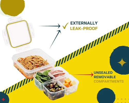 Vista 5 de Almacenador de alimentos para almuerzo Komax Biokips – Separadores para 4 compartimentos de 23 onzas. Recipiente hermético, impermeable, con tapas