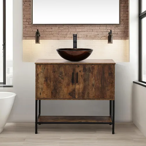 Vista 45 de UEV Juego de tocador de baño antiguo de 24 pulgadas, color marrón oscuro con lavabo, armario de baño de madera de hierro con grifo de temperatura