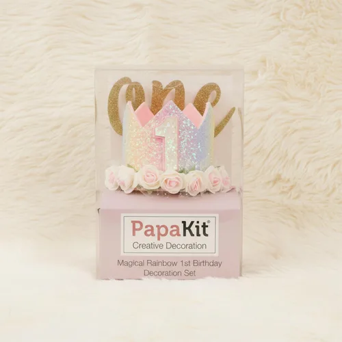 Vista 8 de PapaKit Juego de decoración prémium para silla alta para el primer cumpleaños para niñas, guirnalda de cinta de arco iris pastel, corona, una