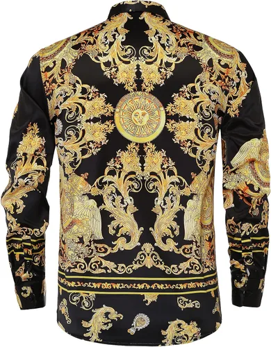 Vista 2 de Mens Luxury Brand Printed Silk Like Satin Button Down Dress Shirt for Party Prom Long Sleeve Slim Fit Floral Nightclub Shirt