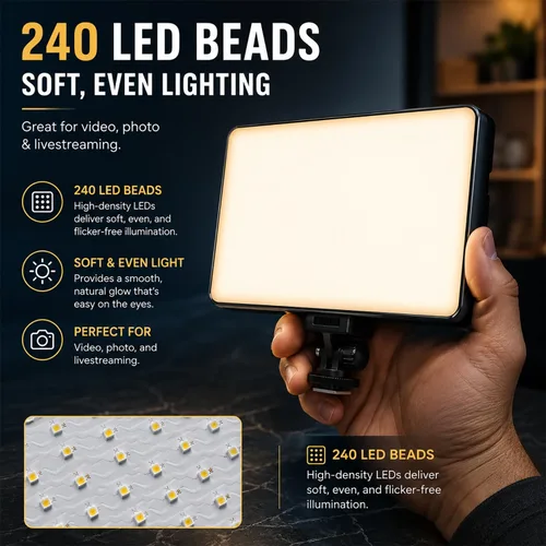 Vista 8 de Professional LED Video Light Panel, Compatible with Canon PowerShot SX400 is, 240 LEDs, USB-C Rechargeable 4000mAh Battery, Adjustable Brightness &