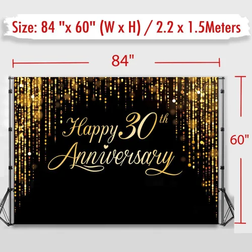 Vista 5 de Pancarta de Feliz 30º Aniversario - Póster de Fotografía Negro Dorado para Decoración de Bodas y Fiestas de Cumpleaños