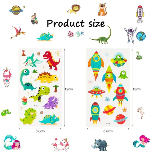 Vista 2 de Habett Tatuajes temporales para niños, 60 hojas de estilos mixtos de tatuajes temporales para niñas y niños, dinosaurios espaciales, tatuajes