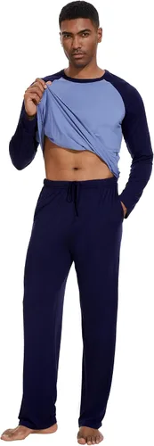 Vista 4 de WiWi Conjunto de pijama de bambú de manga larga para hombre, ropa de dormir de punto cómoda de 2 piezas, conjuntos de ropa de descanso