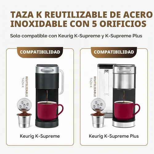 Vista 2 de Tazas K reutilizables de acero inoxidable para Keurig Supreme & Supreme Plus, tazas K reutilizables de cinco agujeros, universales, compatibles