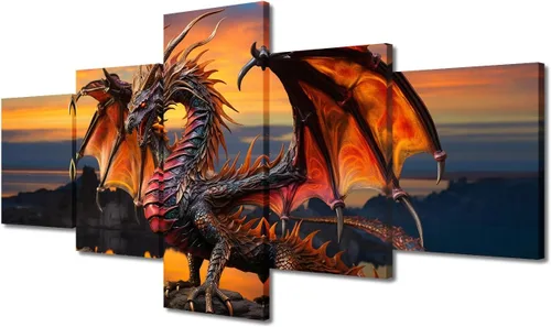 Vista 30 de Lienzo decorativo para pared de sala de estar, lienzo de dragón, 5 paneles, dragón verde, decoración de pared para el hogar, decoración de pared