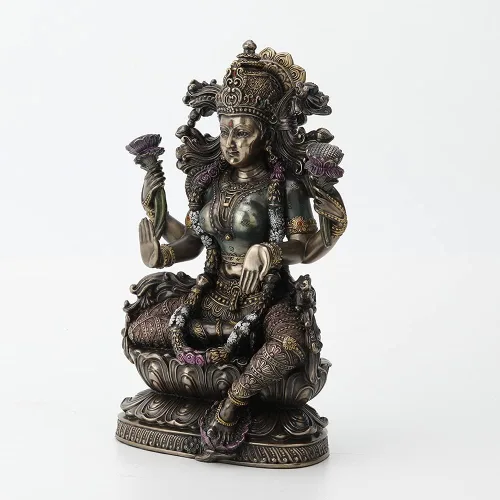 Vista 2 de Veronese Design 9 1/2 pulgadas de alto Lakshmi Diosa hindú sentada en loto fundido en frío estatua de resina bronceada estatua religiosa