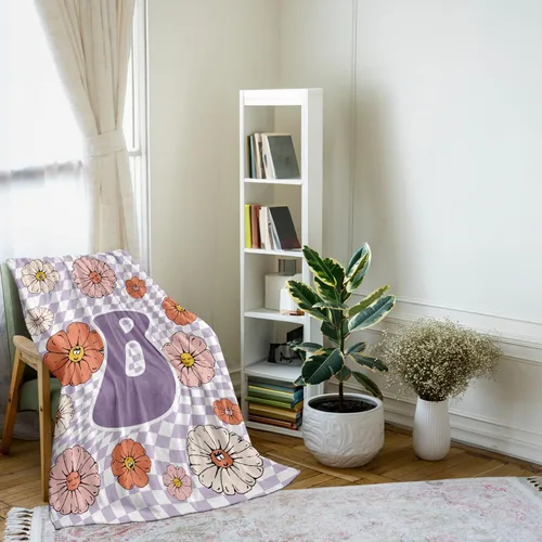 Vista 3 de Manta retro de los años 70 con inicial B floral a cuadros, groovy abstracta estética, manta de franela suave personalizada, regalos con monograma