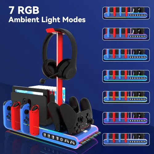 Vista 5 de Sonicgrace Base de carga con interruptor RGB para Nintendo Switch y joycons OLED, base de cargador para juegos, base de TV, controlador Pro