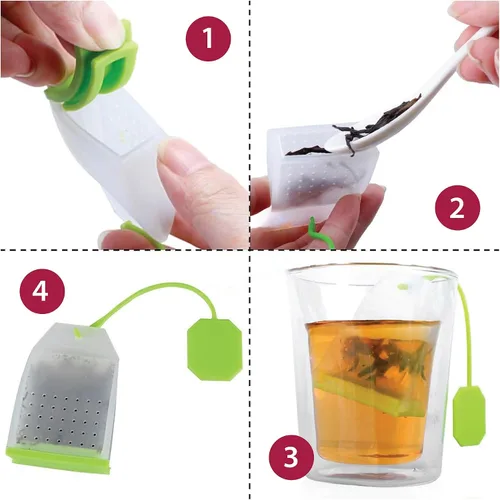 Vista 15 de HIC Kitchen Infusor de té Leaf con bandeja de goteo, té de hierbas de hojas sueltas, acero inoxidable 18/8 y silicona, juego de 2