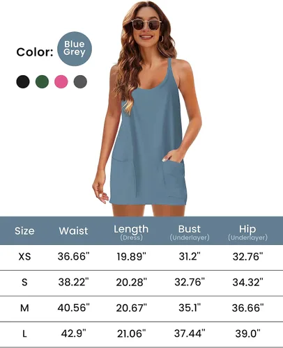 Vista 4 de Faleave Vestido corto de verano sin mangas para mujer, vestido atlético con tirantes delgados, vestido de tenis corto con bolsillos