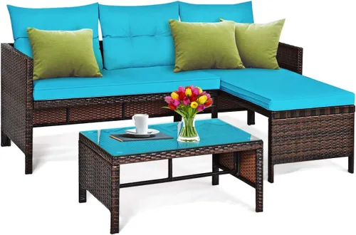 Vista 11 de Tangkula juego de sofá de esquina para patio de 3 piezas, juego de sofá de ratán para exteriores, incluye chaise lounge, sofá doble y mesa auxiliar