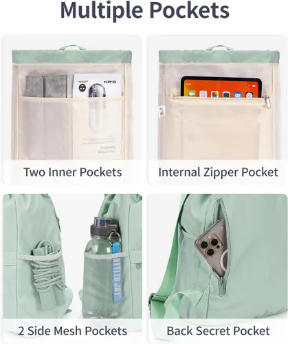 Vista 6 de WANDF Mochila con cordón para mujer, bolsa de gimnasio con correa para esterilla de yoga, resistente al agua, con bolsillo de malla, Verde