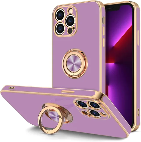 Vista 19 de Hython Funda para iPhone 13 Pro Max con soporte de anillo [soporte de anillo giratorio de 360° con soporte magnético] [borde chapado en oro rosa]