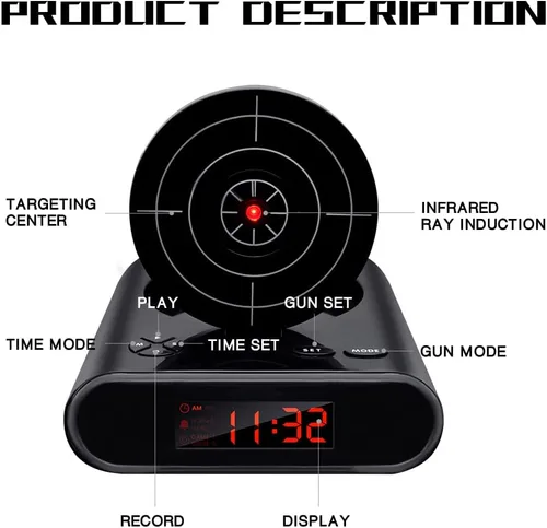 Vista 6 de Lock N' Load Gun Despertador/Objetivo Despertador/Reloj Creativo - Negro