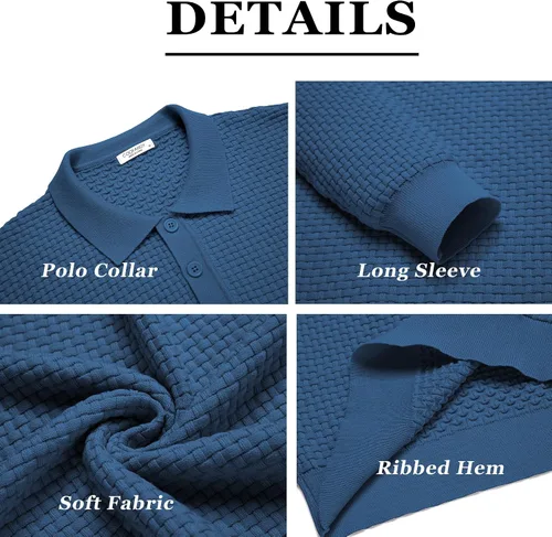 Vista 6 de COOFANDY Polo de punto para hombre, de manga larga, ligero, a la moda, informal, con cuello