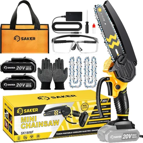 Vista 15 de Saker Mini motosierra inalámbrica de 6 pulgadas con interruptor de bloqueo de seguridad, motosierra eléctrica inalámbrica, motosierra pequeña