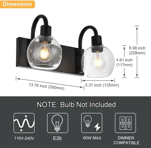 Vista 4 de Luz de tocador de baño con vidrio esmerilado en forma de globo de 2 luces, aplique de pared industrial negro para vestíbulo o pasillo