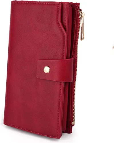 Vista 19 de UTO Cartera de cuero vegano para mujer, cartera larga con broche de presión, tarjetero de crédito, elegante embrague 0153 Gris
