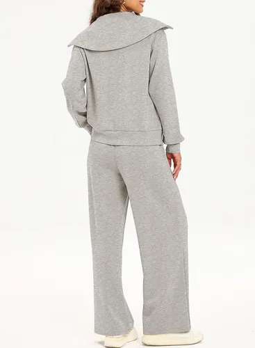 Vista 3 de Aleumdr Conjunto de dos piezas de sudadera con media cremallera para mujer, conjunto a juego con pantalón de pierna ancha