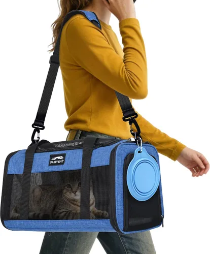 Vista 9 de Transportador de mascotas aprobado por la TSA para gatos pequeños y cachorros, de lados suaves y plegable, transportador de gatos y perros para Negro