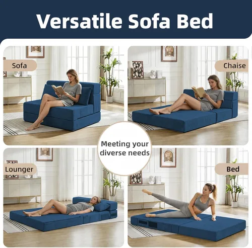 Vista 3 de Sofá cama plegable, silla convertible con almohada Chenille azul marino