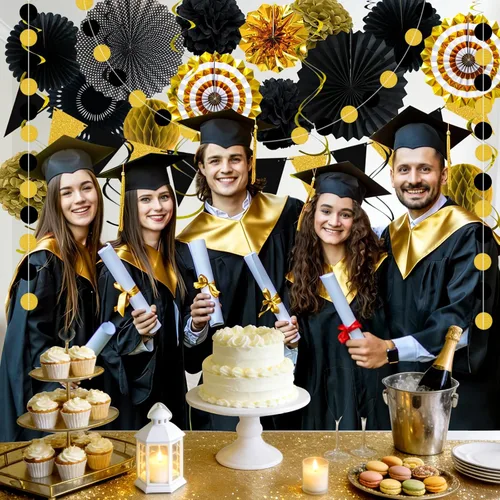 Vista 5 de 24 decoraciones de fiesta negras y doradas, abanicos de papel, guirnaldas de pompones de panal, suministros colgantes reutilizables para graduación