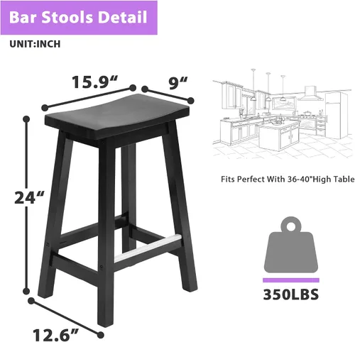 Vista 2 de Juego de 2 taburetes de bar de 24 pulgadas, taburetes de bar de altura de mostrador con placas de pie de metal, taburetes de bar de cocina, taburete