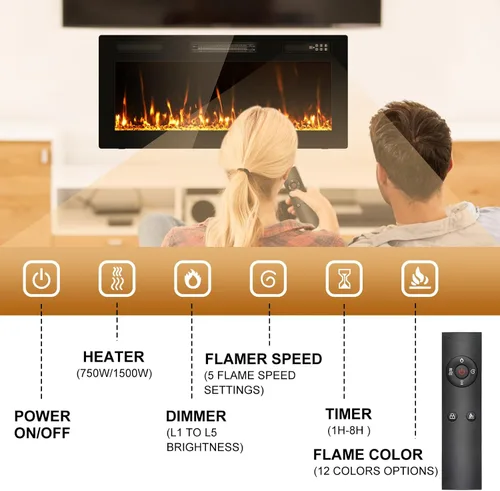 Vista 4 de Chimenea eléctrica ultrafina de 40" empotrada montada en la pared