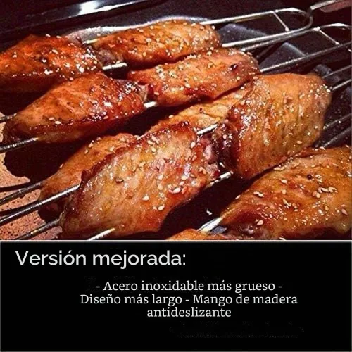 Vista 6 de IMEEA Brochetas dobles para asar brochetas gruesas de acero inoxidable con mango de madera, 16.5 pulgadas