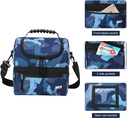 Vista 3 de MIER Lonchera para adultos, bolsa de almuerzo aislada, bolsa grande para mujeres, enfriador de doble cubierta, camuflaje (grande) y negro (mediano)