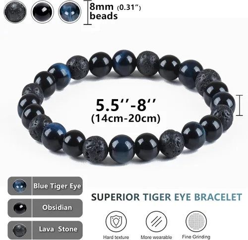 Vista 30 de SAMXY Triple Protection Bracelet, 8mm Healing Crystal Bead Bracelet, 3pcs Blue Red Tiger's Eye Obsidian Hematite Bracelet Women Men