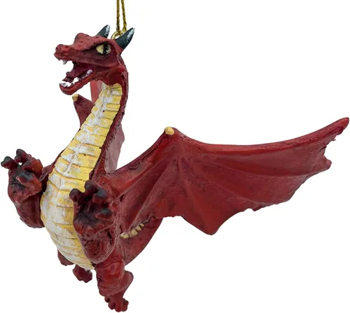 Vista 2 de Estatua de adorno colgante de árbol de Navidad de fantasía de dragón gótico volador rojo