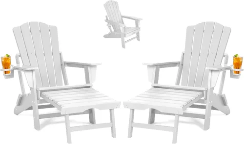 Vista 9 de LETKIND Folding Adirondack Chair with Retractable Ottoman,All Weather Fire Pit Chairs with Cup Holder,Outdoor Chair with Ottoman,White