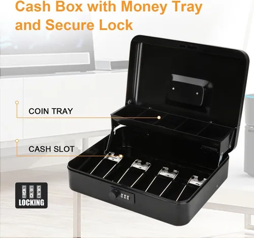 Vista 5 de Jssmst - Caja grande de seguridad para dinero con bandeja; caja de dinero de metal con cerradura de combinación y cable de seguridad, color negro