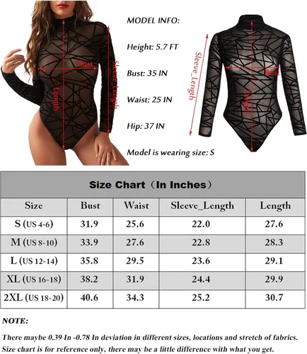 Vista 4 de YOGOLAI Body de malla transparente para mujer, cuello alto, manga larga, elástico, leotardo