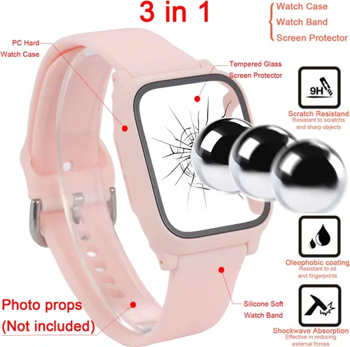 Vista 2 de Correa 3 en 1 para Apple Watch con funda, correas de silicona suave con cubierta dura de policarbonato protector de pantalla integrado de vidrio