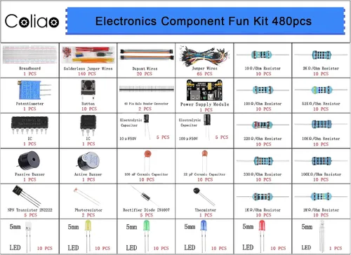 Vista 3 de Kit de 480 piezas de componentes electrónicos de 37 valores con módulo de fuente de alimentación, cable de puente, tabla de pan de 830 puntos