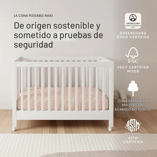 Vista 4 de Babyletto Maki Cuna plegable portátil 2 en 1 de tamaño completo con kit de conversión de cama para niños pequeños en blanco, certificado Greenguard