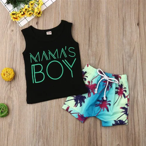 Vista 6 de Conjunto de 2 piezas de ropa de verano, con letras impresas, camiseta sin mangas y pantalón corto, para bebé