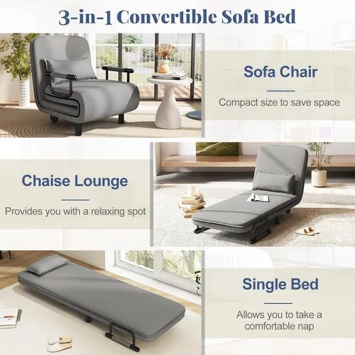 Vista 12 de GIANTEX - Sofá cama convertible 3 en 1 con respaldo ajustable de 5 posiciones, ruedas, 2 patas, tumbona reclinable con almohada, sillones