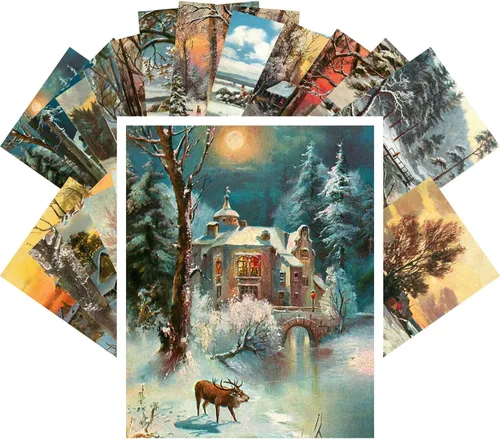 Vista 8 de PIXILUV Postales vintage 24 piezas de paisajes de campo de invierno vintage arte de Navidad Azul