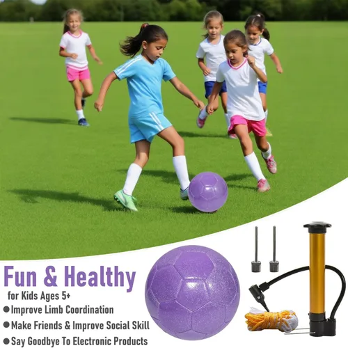 Vista 6 de Juego de pelota de fútbol con purpurina con inflador, tamaño 3, 4, 5, bolas de entrenamiento rosa dorado y morado para jóvenes, adolescentes