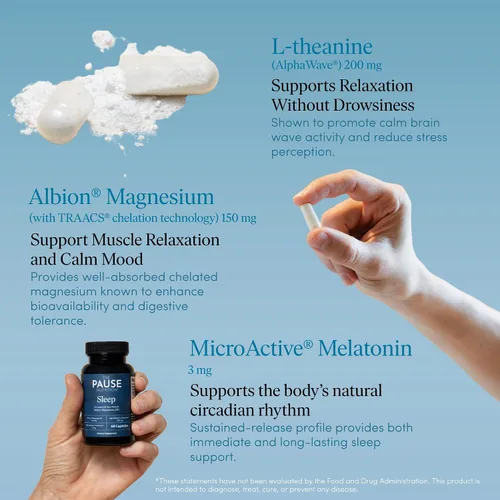 Vista 5 de The 'Pause Life Suplemento para dormir, mezcla nocturna sin hábito de magnesio, melatonina microactiva y L teanina, apoyo para dormir y relajación