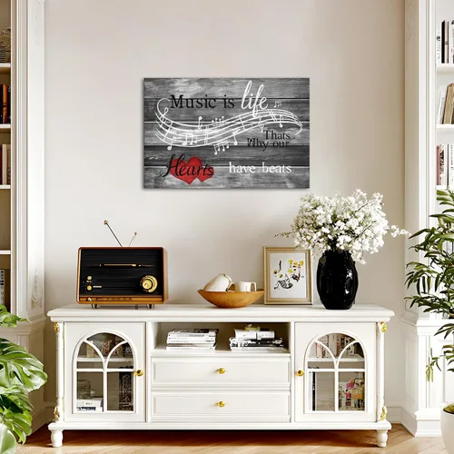 Vista 2 de SkenoArt Lienzo musical para pared, tema musical, inspirador, arte de pared con texto en inglés "Music is Life That is Why Our Hearts Have Beats