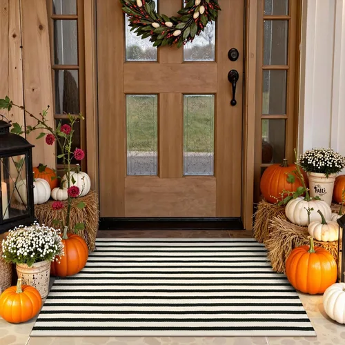 Vista 32 de Tapete de puerta de otoño a rayas de 24 x 36 pulgadas, alfombra de Blanco y Negro 1
