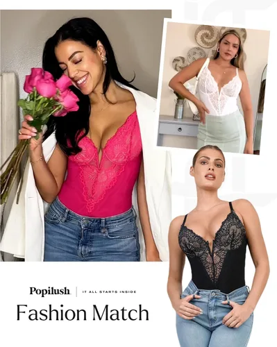 Vista 2 de Popilush Body de encaje con control de abdomen, corsé con cuello en V, sin mangas, espalda descubierta, tangas