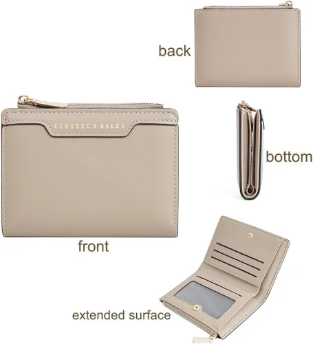 Vista 2 de Cartera de piel con bloqueo RFID, plegable, compacta, tarjetero para mujer, con cremallera y bolsillo para monedas con ventana de identificación